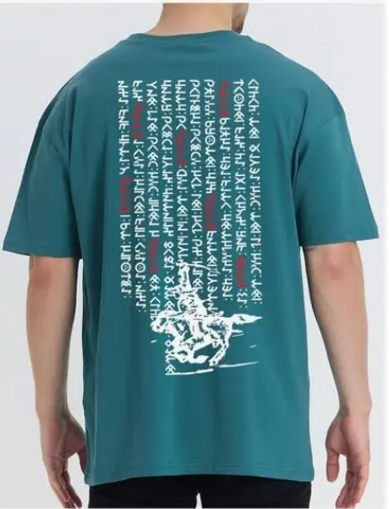 Göktürk Yazıtları Baskılı Oversize T-Shirt - Turkuaz